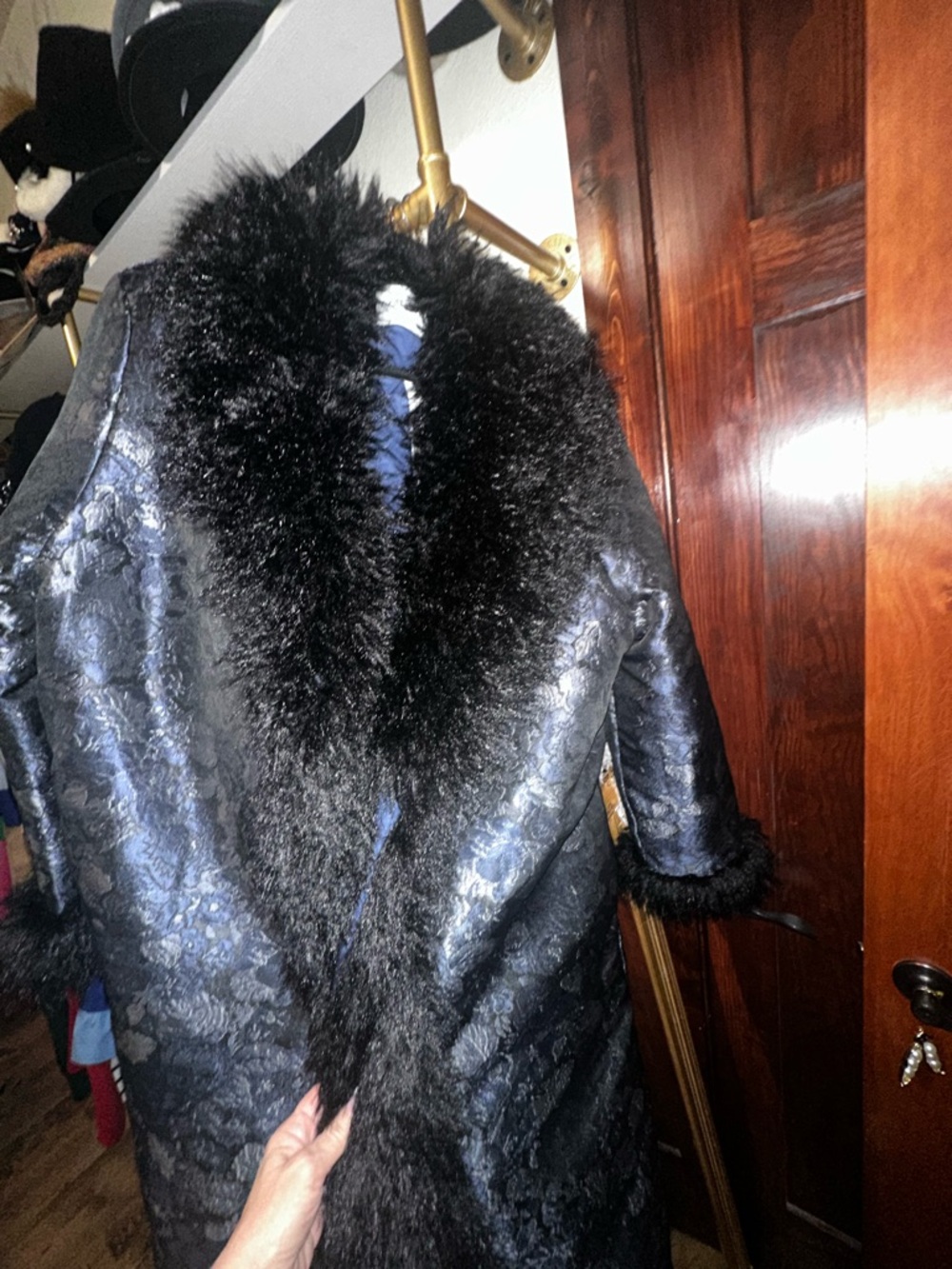 Navy Floral Jacquard Trench Coat with Black Faux Fur Trim - Picture 6 of 9